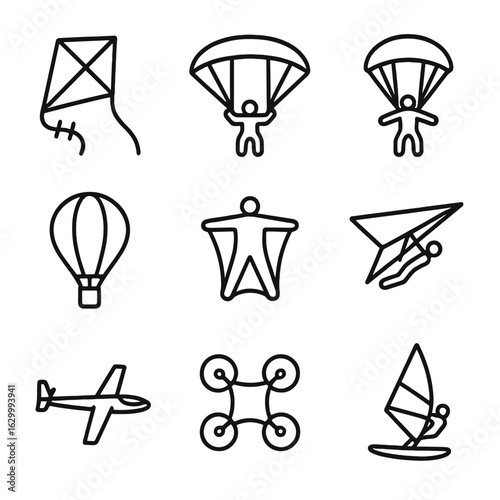Air Sports Icons. Outline icon set of air sports and activities: kite, paraglider, skydiver, wingsuit, balloon, hang glider,