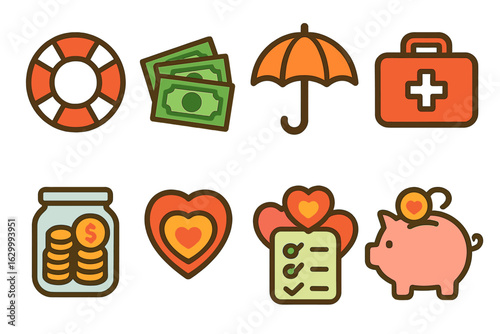 Financial Security Icons. Flat vector mini-illustrations emergency fund cushion in colors children's illustrations: lifesaver ring