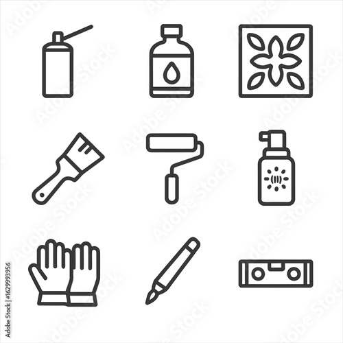 Finishing Tools Icons. Outline icon set of finishing and protection: sealant can, clear varnish bottle, decorative stencil, detail