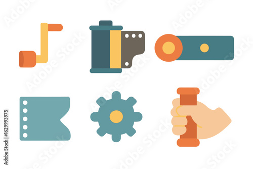 Film Rewind Icons. Flat vector mini-illustrations film rewind process in colors children's illustrations: rewind crank, film