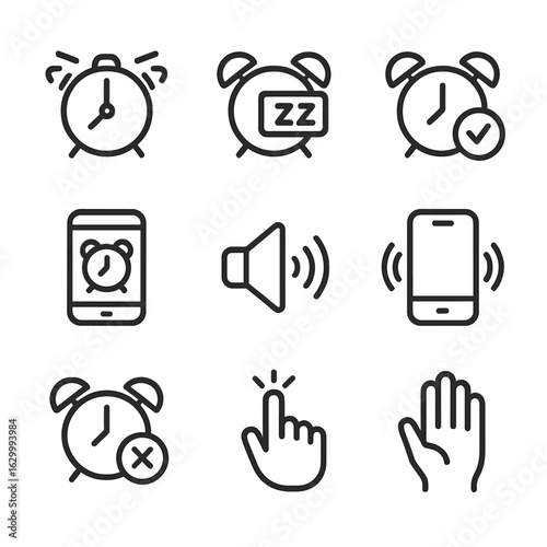 Alarm Clock Icons. Outline icon set of alarm clock states: ringing alarm, snoozed alarm, set alarm icon, turned off alarm, double