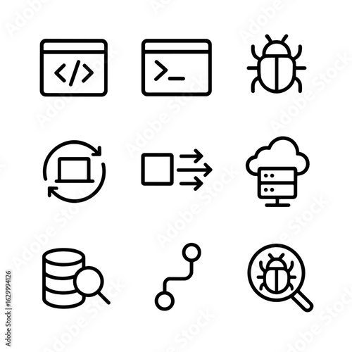 Digital Tools Icons. Outline icon set of digital tools: code editor, command line, bug tracker, software update, API integration,