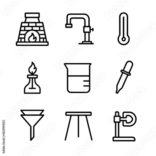 Alchemy Equipment Icons. Outline icon set of alchemy equipment: furnace, glass tube, thermometer, burner, beaker, pipette, filter