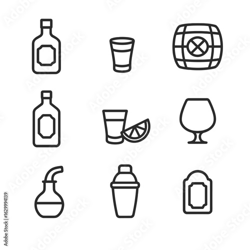 Alcohol Icon Set. Outline icon set of alcoholic spirits: whiskey bottle, vodka shot glass, rum barrel, gin bottle outline, tequila