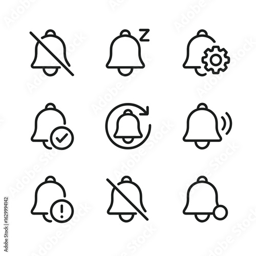 Alert Control Icons. Outline icon set of alert controls: mute alert, snooze alarm, alert settings, alert history, acknowledge