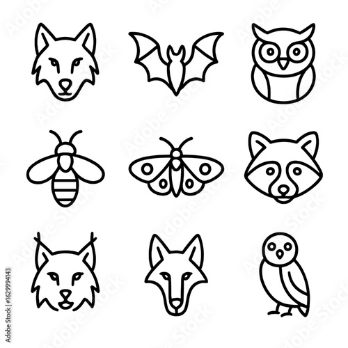 Nocturnal Animals Icons. Outline icon set of nocturnal creatures: wolf, bat, owl, firefly, moth, raccoon, lynx, fox, night bird.