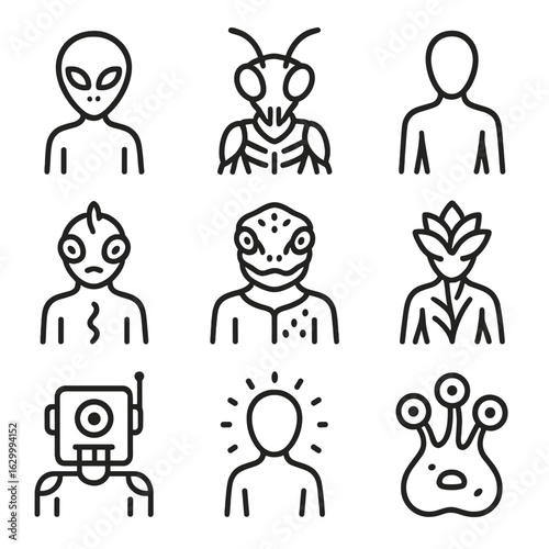Alien Icon Set. Outline icon set of extraterrestrial lifeforms: grey alien, insectoid species, tall humanoid, aquatic alien,