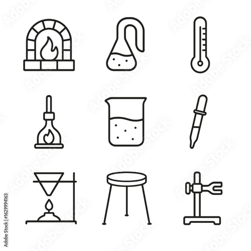 Alchemy Icons Collection. Outline icon set of alchemy equipment: furnace, glass tube, thermometer, burner, beaker, pipette, filter