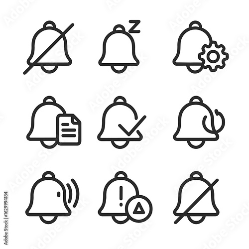 Alert Control Icons. Outline icon set of alert controls: mute alert, snooze alarm, alert settings, alert history, acknowledge
