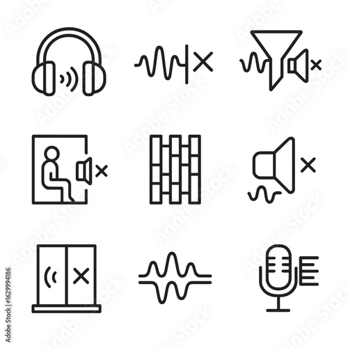 Noise Cancellation Icons. Outline icon set of noise cancellation: headphones with cancel waves, sound wave with cross, noise