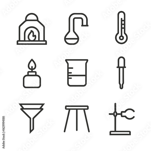 Alchemy Equipment Icons. Outline icon set of alchemy equipment: furnace, glass tube, thermometer, burner, beaker, pipette, filter