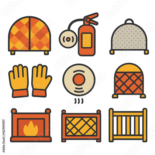 Fireplace Safety Icons. Flat vector mini-illustrations fireplace safety equipment in colors children's illustrations: fire screen,