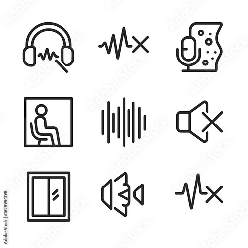Noise Cancellation Icons. Outline icon set of noise cancellation: headphones with cancel waves, sound wave with cross, noise