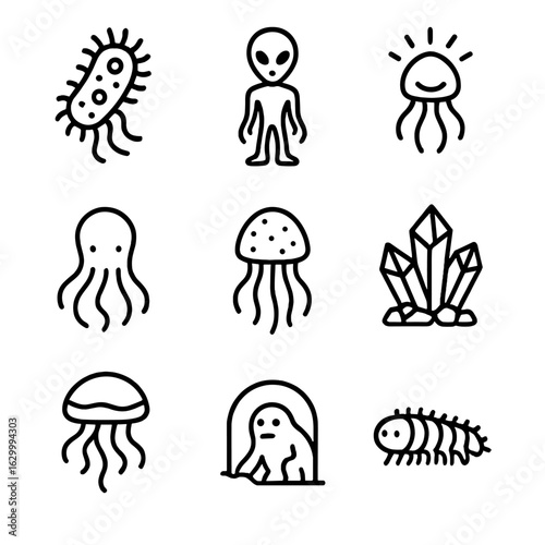Alien Life Icons. Outline icon set of extraterrestrial life forms: alien microbe, humanoid alien, bioluminescent creature,