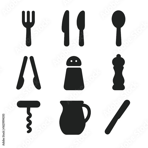 Dining Utensils Icons. Solid, filled icon set of dining utensils and tools: fork, knife, spoon, serving tongs, salt shaker, pepper