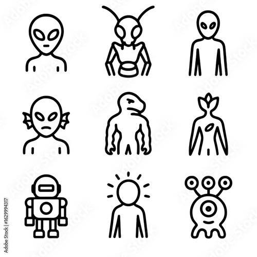 Alien Icon Set. Outline icon set of extraterrestrial lifeforms: grey alien, insectoid species, tall humanoid, aquatic alien,