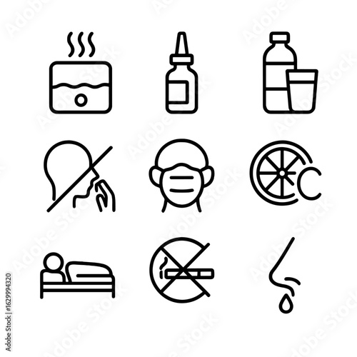 Nosebleed Prevention Icons. Outline icon set of nosebleed prevention: humidifier, nasal spray, hydration, avoid nose picking,