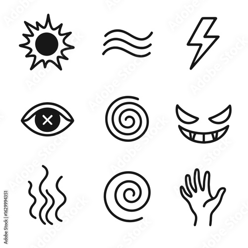Dark Energy Icons. Outline icon set of dark energy: shadow burst, energy wave, black lightning, cursed eye, dark vortex, sinister