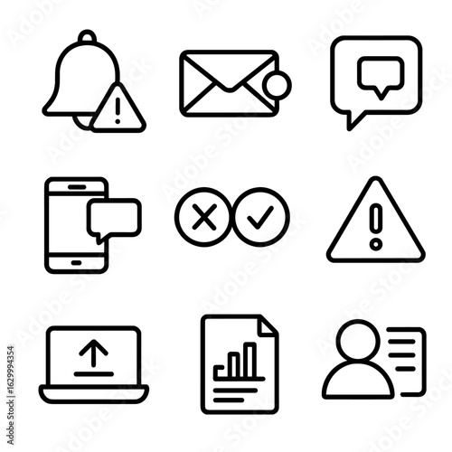 Notification Icon Set. Outline icon set of access notifications: alert bell, email notification, SMS alert, push notification,