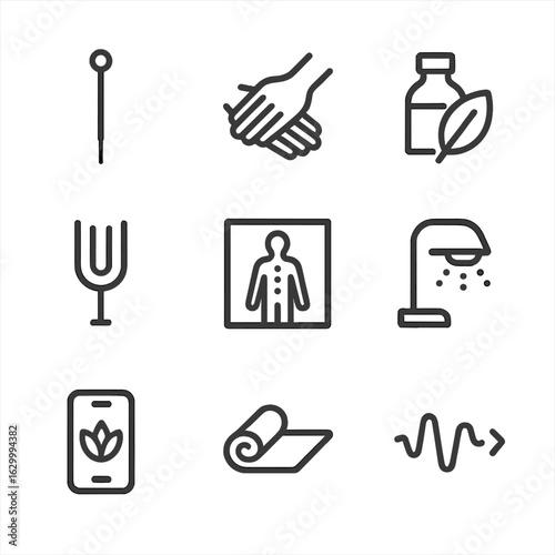 Alternative Therapy Icons. Outline icon set of alternative therapies: acupuncture needle outline, massage hands silhouette, herbal