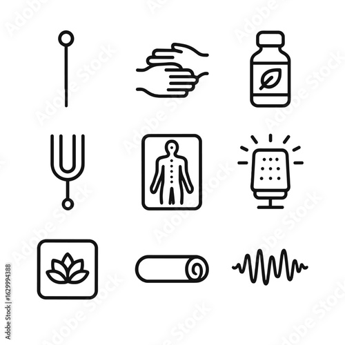 Alternative Therapy Icons. Outline icon set of alternative therapies: acupuncture needle outline, massage hands silhouette, herbal