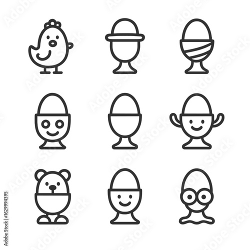 Novelty Egg Holders Icons. Outline icon set of novelty egg holders: animal-shaped egg cup, egg cup with hat, themed egg stand, fun
