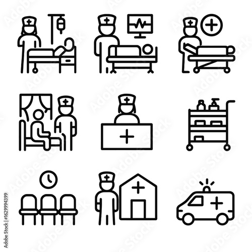 Nurse Environment Icons. Outline icon set of nurse environments: hospital ward, ICU, emergency room, patient room, nurse station,