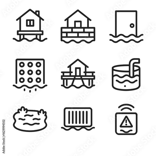 Flood Resilient Icons. Outline icon set of flood-resilient building features: raised foundation, flood barrier wall,