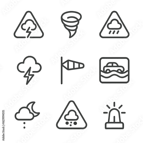 Dark Sky Warning Icons. Outline icon set of dark sky warning signs: storm alert, tornado warning, heavy rain alert, lightning