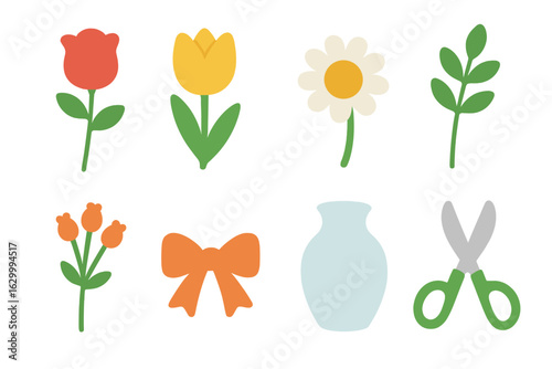 Floral Arrangement Icons. Flat vector mini-illustrations arranging flowers in a vase in colors children's illustrations: rose stem