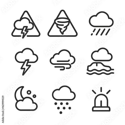 Dark Sky Warning Icons. Outline icon set of dark sky warning signs: storm alert, tornado warning, heavy rain alert, lightning