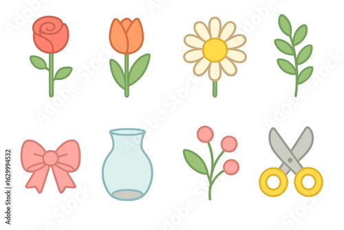 Floral Arrangement Icons. Flat vector mini-illustrations arranging flowers in a vase in colors children's illustrations: rose stem