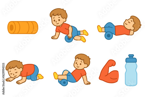 Foam Rolling Icons. Flat vector mini-illustrations foam rolling mobility in colors children's illustrations: foam roller, quad