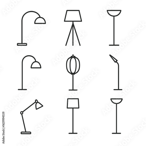 Floor Lamp Icons. Outline icon set of floor lamp styles: arc floor lamp, tripod floor lamp, torchiere lamp, reading lamp, paper
