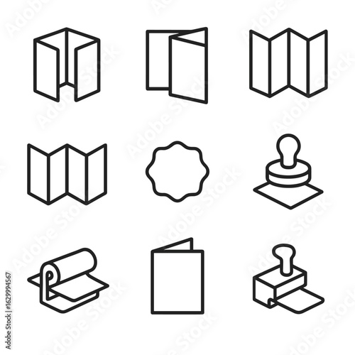Folding Icons Set. Outline icon set of folding and finishing options: tri-fold brochure, bi-fold layout, gate fold, accordion fold