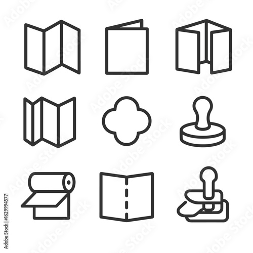 Folding Icons Set. Outline icon set of folding and finishing options: tri-fold brochure, bi-fold layout, gate fold, accordion fold