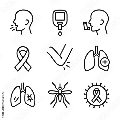 Disease Icon Set. Outline icon set of common diseases: influenza, diabetes, asthma, cancer, arthritis, tuberculosis, malaria,