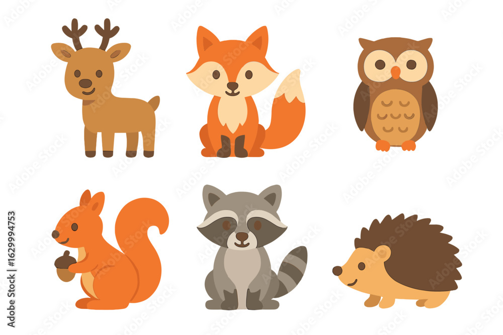 Obraz premium Forest Animals Grid. Flat vector mini-illustrations forest animals in colors children's illustrations: deer, fox, owl, squirrel,
