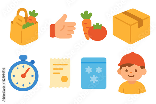 Food and Book Delivery Fun. Flat vector mini-illustrations receiving a food delivery package in colors children's illustrations: