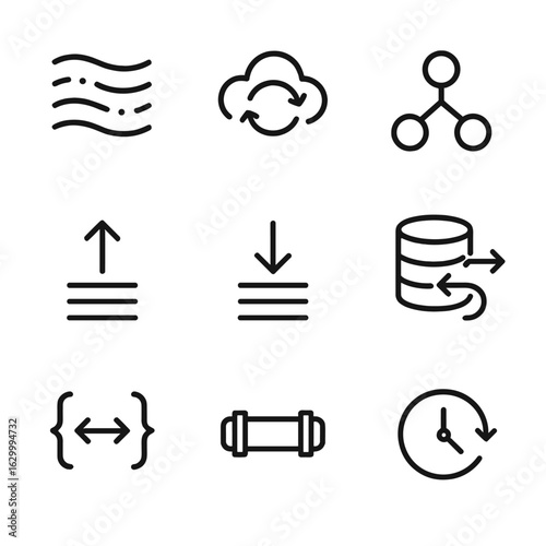 Data Flow Icons. Outline icon set of data flux: data stream, cloud sync, network flow, upload arrow, download arrow, database flow