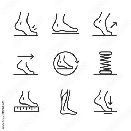 Footstrike Mechanics Icons. Outline icon set of footstrike mechanics: heel strike impact, midfoot landing, toe-off push, gait