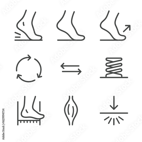 Footstrike Mechanics Icons. Outline icon set of footstrike mechanics: heel strike impact, midfoot landing, toe-off push, gait