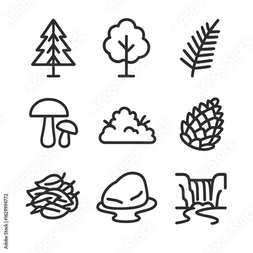 Forest Elements Icons. Outline icon set of forest elements: trees, ferns, mushrooms, moss patch, pine cone, leaf pile, rock,
