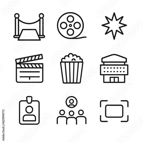 Diverse Icon Collection. Outline icon set of movie premiere: red carpet, velvet rope, film reel, camera flash, clapperboard,