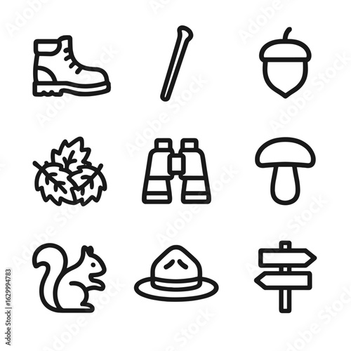 Forest Hiking Icons. Outline icon set of forest nature walks: hiking boots, walking stick, acorn, leaf pile, binoculars, mushroom,