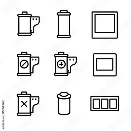 Analog Film Icon Set. Outline icon set of analog film types: 35mm film, 120 medium format, instant film, black & white film, color