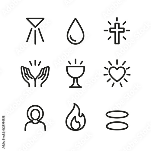 Divine Icons Set. Outline icon set of divine light and blood: light beam, blood vessel, glowing cross, sunburst, healing hands,