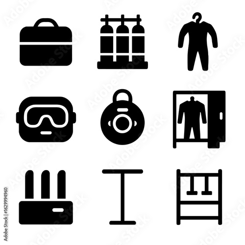 Diving and Automation Icons. Solid, filled icon set of diving gear storage: dive bag, oxygen tank rack, wetsuit hanger, mask case,