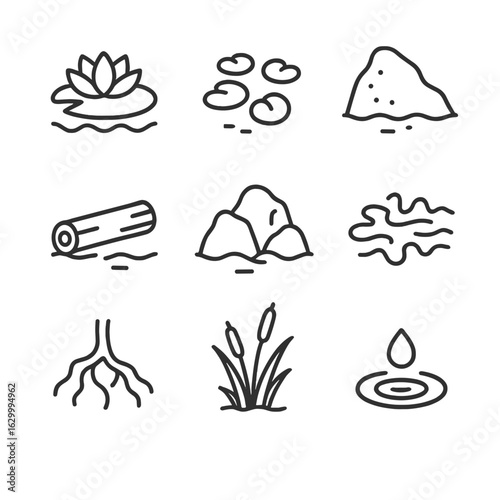 Frog Habitat Icons. Outline icon set of frog habitat elements: water lily, floating vegetation, mud bank, log perch, rock outcrop,
