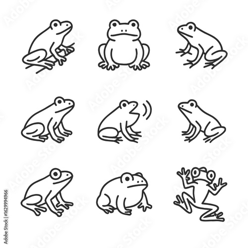 Frog Icon Collection. Outline icon set of frog species and calls: tree frog, bullfrog, poison dart frog, green frog, chorus frog,